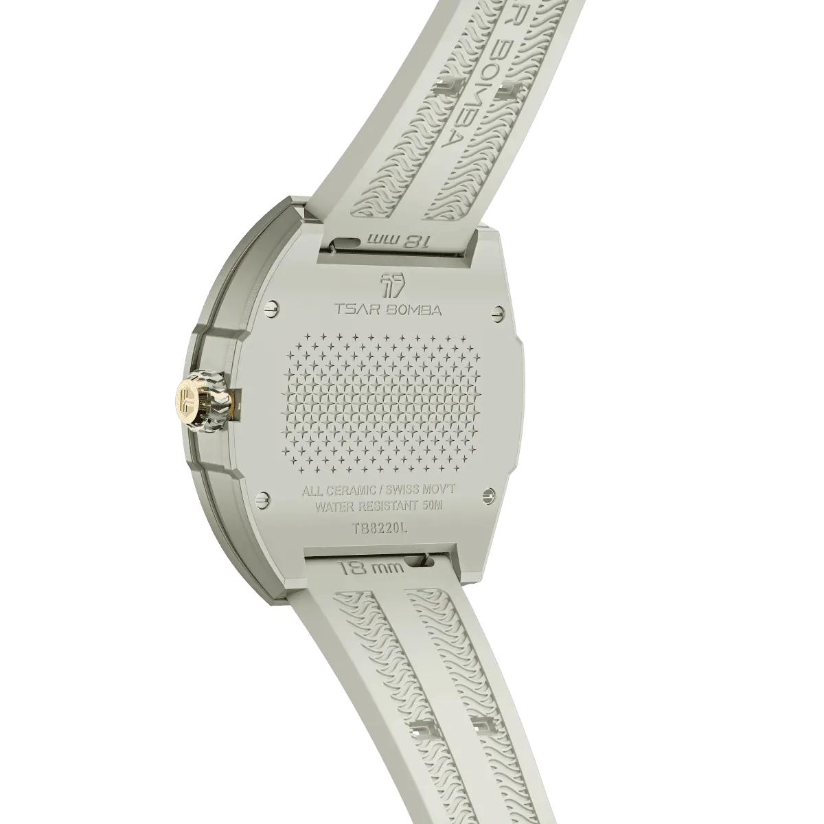TSAR BOMBA Nucleus femme 03 Ceramic Ladies' Watch. Features a ceramic case and a ceramic dial set with a zirconia diamond. Powered by a Swiss Ronda quartz movement. Extremely lightweight (approximately 60 grams). Equipped with Grade A luminous coating, scratch-resistant sapphire crystal, and a replaceable fluoroelastomer strap. Water resistant to 50 meters (5 ATM). Ghost Grey theme.--Rear-view