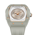 TSAR BOMBA Nucleus femme 03 Ceramic Ladies' Watch. Features a ceramic case and a ceramic dial set with a zirconia diamond. Powered by a Swiss Ronda quartz movement. Extremely lightweight (approximately 60 grams). Equipped with Grade A luminous coating, scratch-resistant sapphire crystal, and a replaceable fluoroelastomer strap. Water resistant to 50 meters (5 ATM). Ghost Grey theme.--Top-down-view