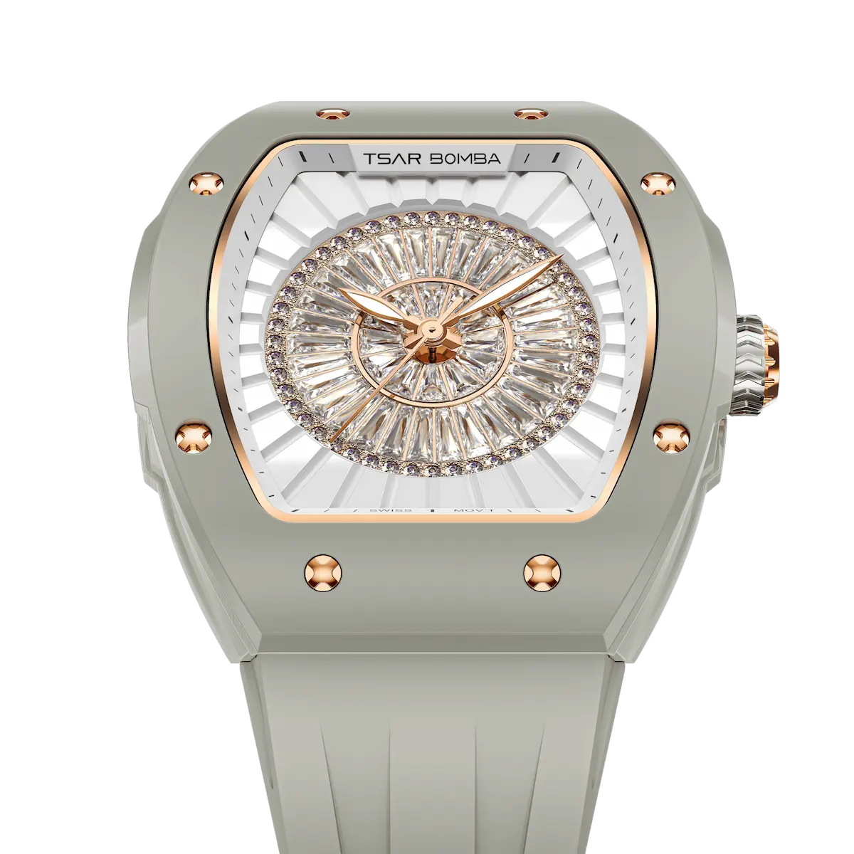 TSAR BOMBA Nucleus femme 03 Ceramic Ladies' Watch. Features a ceramic case and a ceramic dial set with a zirconia diamond. Powered by a Swiss Ronda quartz movement. Extremely lightweight (approximately 60 grams). Equipped with Grade A luminous coating, scratch-resistant sapphire crystal, and a replaceable fluoroelastomer strap. Water resistant to 50 meters (5 ATM). Ghost Grey theme.--Top-down-view