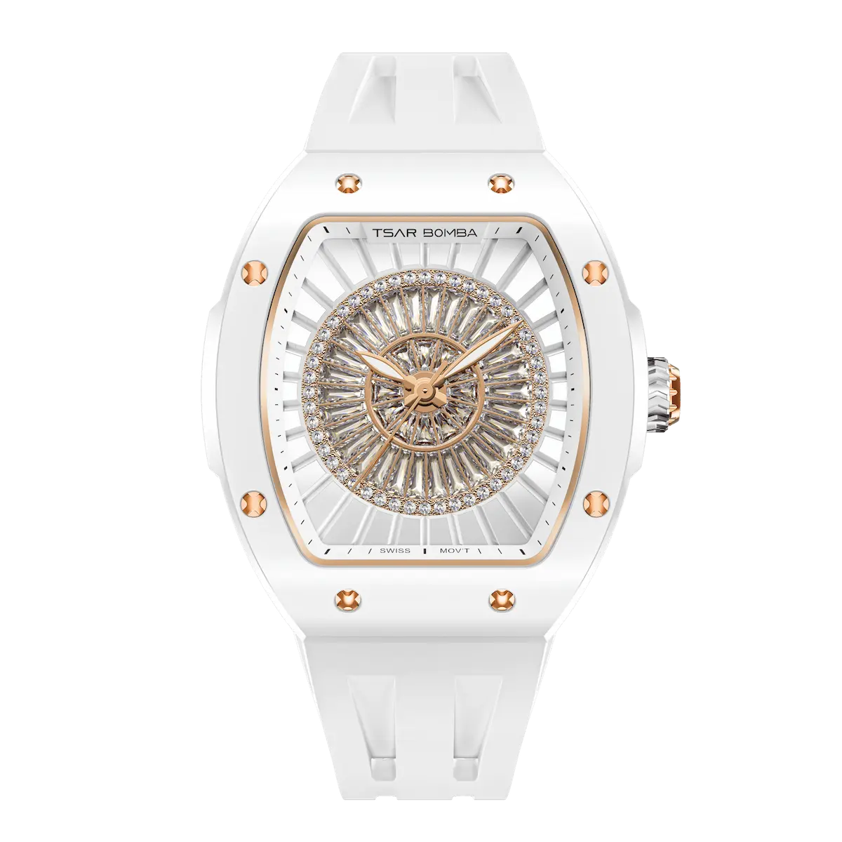 TTSAR BOMBA Nucleus femme 03 Ceramic Women’s Watch. Featuring a ceramic case, the minimalist bezel is set with dazzling cubic zirconia that catches the light with every movement of your wrist—a subtle glow that exudes undeniable luxury. Powered by a Swiss Ronda quartz movement. The watch is extremely lightweight (only about 60 grams), making it very comfortable for everyday wear. -white.-Front-view