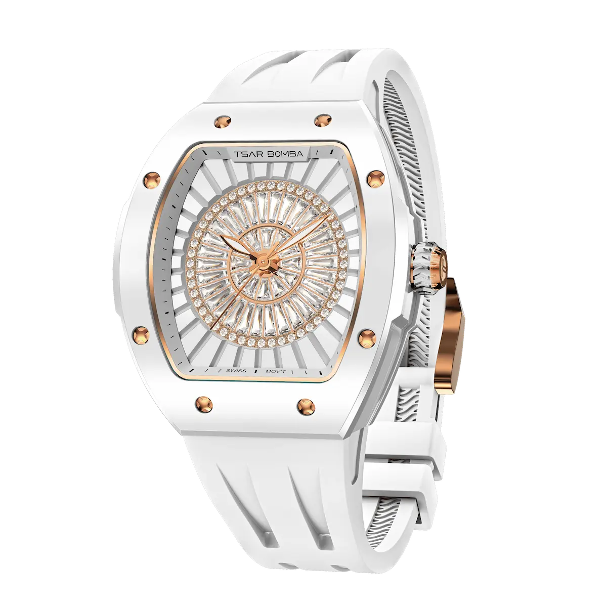TSAR BOMBA Nucleus femme 03 Ceramic Women’s Watch. Featuring a ceramic case, the minimalist bezel is set with dazzling cubic zirconia that catches the light with every movement of your wrist—a subtle glow that exudes undeniable luxury. Powered by a Swiss Ronda quartz movement. The watch is extremely lightweight (only about 60 grams), making it very comfortable for everyday wear. -white.-Left three-quarter-view