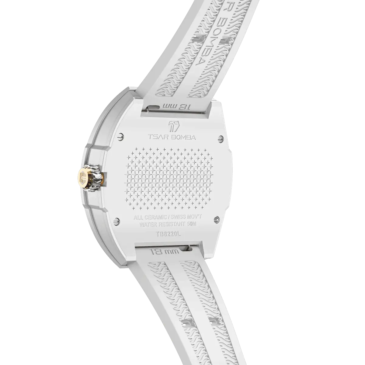 TSAR BOMBA Nucleus femme 03 Ceramic Women’s Watch. Featuring a ceramic case, the minimalist bezel is set with dazzling cubic zirconia that catches the light with every movement of your wrist—a subtle glow that exudes undeniable luxury. Powered by a Swiss Ronda quartz movement. The watch is extremely lightweight (only about 60 grams), making it very comfortable for everyday wear. -white.-Rear-view