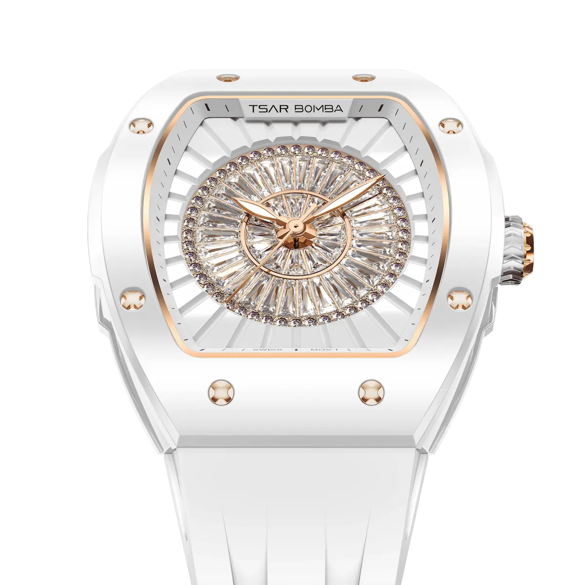 TSAR BOMBA Nucleus femme 03 Ceramic Women’s Watch. Featuring a ceramic case, the minimalist bezel is set with dazzling cubic zirconia that catches the light with every movement of your wrist—a subtle glow that exudes undeniable luxury. Powered by a Swiss Ronda quartz movement. The watch is extremely lightweight (only about 60 grams), making it very comfortable for everyday wear. -white-Top-down-view