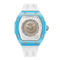 TSAR BOMBA Nucleus femme 03 Ceramic Ladies' Watch. Features a ceramic case and a ceramic dial set with a zirconia diamond. Powered by a Swiss Ronda quartz movement. Extremely lightweight (approximately 60 grams). Equipped with Grade A luminous coating, scratch-resistant sapphire crystal, and a replaceable fluoroelastomer strap. Water resistant to 50 meters (5 ATM). blue bezel and white strap.--
Front-view