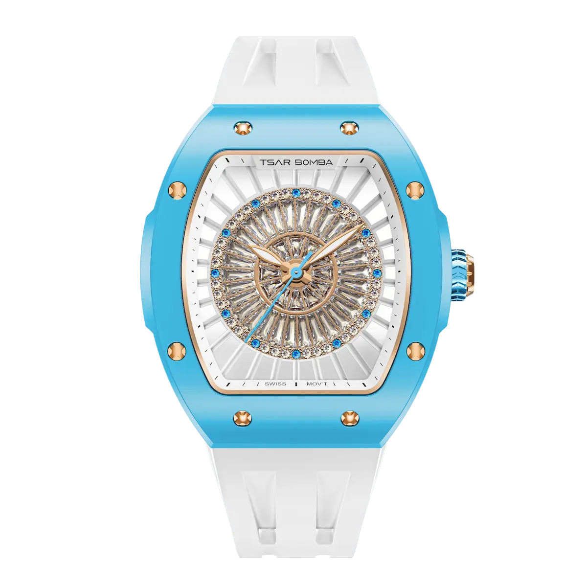 TSAR BOMBA Nucleus femme 03 Ceramic Ladies' Watch. Features a ceramic case and a ceramic dial set with a zirconia diamond. Powered by a Swiss Ronda quartz movement. Extremely lightweight (approximately 60 grams). Equipped with Grade A luminous coating, scratch-resistant sapphire crystal, and a replaceable fluoroelastomer strap. Water resistant to 50 meters (5 ATM). blue bezel and white strap.--
Front-view