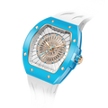 TSAR BOMBA Nucleus femme 03 Ceramic Ladies' Watch. Features a ceramic case and a ceramic dial set with a zirconia diamond. Powered by a Swiss Ronda quartz movement. Extremely lightweight (approximately 60 grams). Equipped with Grade A luminous coating, scratch-resistant sapphire crystal, and a replaceable fluoroelastomer strap. Water resistant to 50 meters (5 ATM). blue bezel and white strap.--
Left three-quarter-angled-view