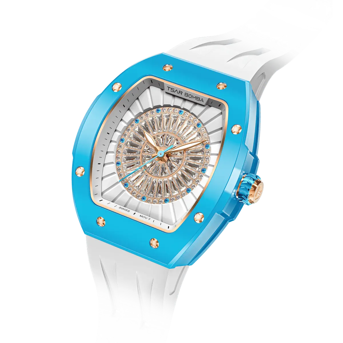 TSAR BOMBA Nucleus femme 03 Ceramic Ladies' Watch. Features a ceramic case and a ceramic dial set with a zirconia diamond. Powered by a Swiss Ronda quartz movement. Extremely lightweight (approximately 60 grams). Equipped with Grade A luminous coating, scratch-resistant sapphire crystal, and a replaceable fluoroelastomer strap. Water resistant to 50 meters (5 ATM). blue bezel and white strap.--
Left three-quarter-angled-view