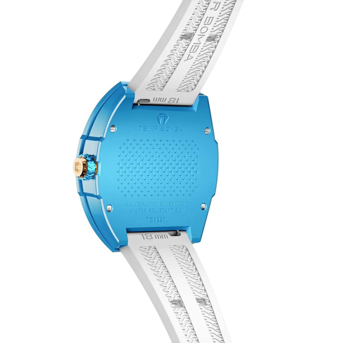 TSAR BOMBA Nucleus femme 03 Ceramic Ladies' Watch. Features a ceramic case and a ceramic dial set with a zirconia diamond. Powered by a Swiss Ronda quartz movement. Extremely lightweight (approximately 60 grams). Equipped with Grade A luminous coating, scratch-resistant sapphire crystal, and a replaceable fluoroelastomer strap. Water resistant to 50 meters (5 ATM). blue bezel and white strap.--
Rear-view