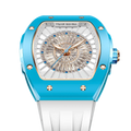 TSAR BOMBA Nucleus femme 03 Ceramic Ladies' Watch. Features a ceramic case and a ceramic dial set with a zirconia diamond. Powered by a Swiss Ronda quartz movement. Extremely lightweight (approximately 60 grams). Equipped with Grade A luminous coating, scratch-resistant sapphire crystal, and a replaceable fluoroelastomer strap. Water resistant to 50 meters (5 ATM). blue bezel and white strap.--Top-down-view