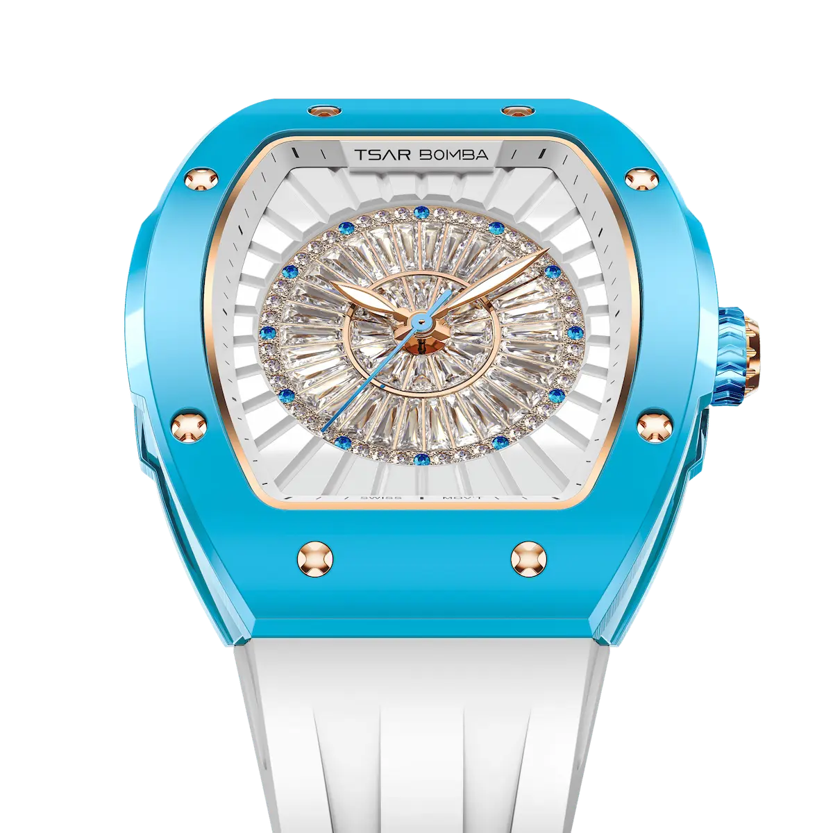 TSAR BOMBA Nucleus femme 03 Ceramic Ladies' Watch. Features a ceramic case and a ceramic dial set with a zirconia diamond. Powered by a Swiss Ronda quartz movement. Extremely lightweight (approximately 60 grams). Equipped with Grade A luminous coating, scratch-resistant sapphire crystal, and a replaceable fluoroelastomer strap. Water resistant to 50 meters (5 ATM). blue bezel and white strap.--Top-down-view