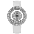 TSAR BOMBA Nucleus femme 01 women’s watch. The case is crafted from stainless steel, and the cubic zirconia dial features a symmetrical design of concentric rings and spiral-cut gemstone patterns that naturally draw the eye to the central hands. Dynamic Floating Crystals: The dial incorporates floating crystals that move with the sway of your wrist, adding a sense of dynamic movement and depth. Powered by a Swiss Ronda quartz movement. --front view