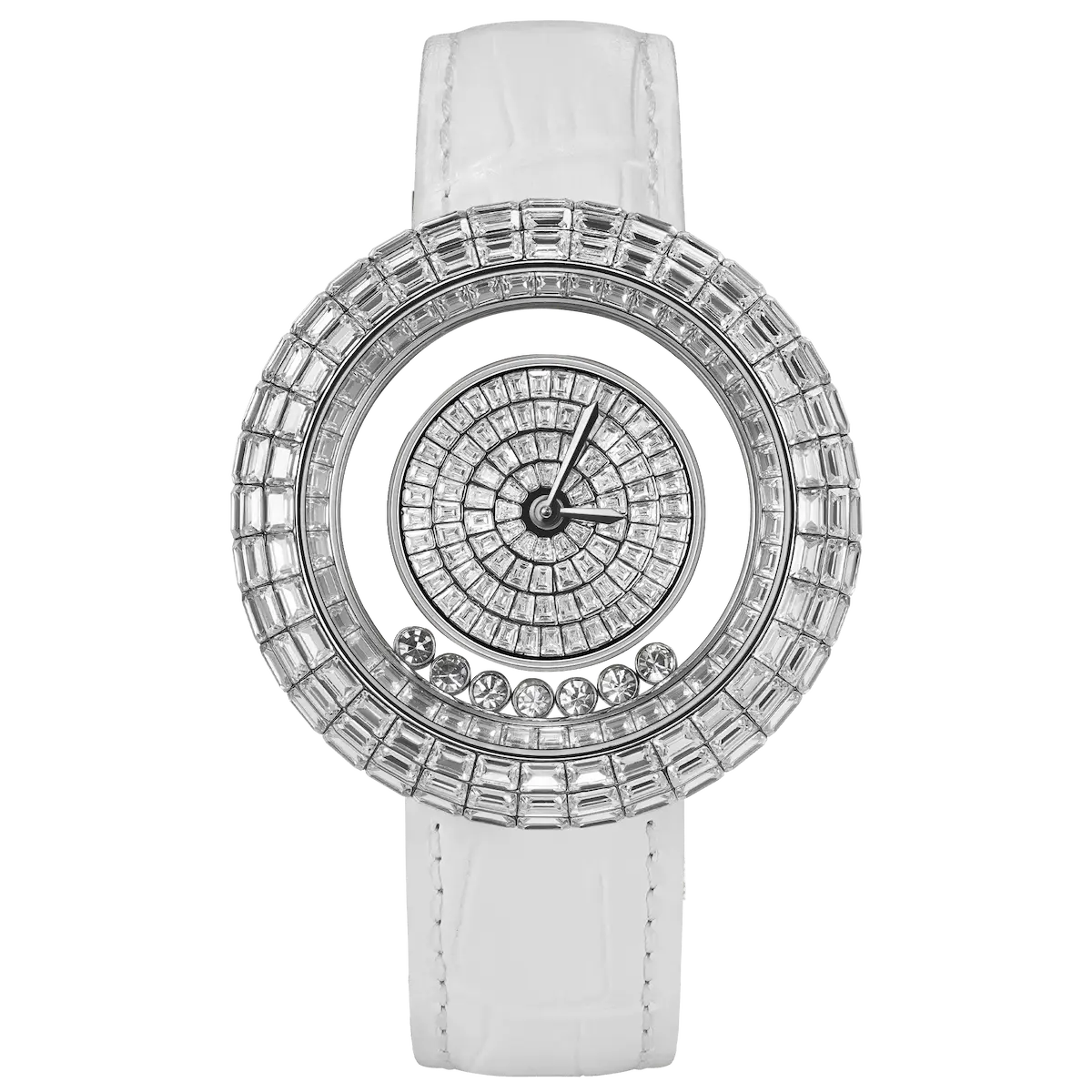 TSAR BOMBA Nucleus femme 01 women’s watch. The case is crafted from stainless steel, and the cubic zirconia dial features a symmetrical design of concentric rings and spiral-cut gemstone patterns that naturally draw the eye to the central hands. Dynamic Floating Crystals: The dial incorporates floating crystals that move with the sway of your wrist, adding a sense of dynamic movement and depth. Powered by a Swiss Ronda quartz movement. --front view