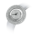 TSAR BOMBA Nucleus femme 01 women’s watch. The case is crafted from stainless steel, and the cubic zirconia dial features a symmetrical design of concentric rings and spiral-cut gemstone patterns that naturally draw the eye to the central hands. Dynamic Floating Crystals: The dial incorporates floating crystals that move with the sway of your wrist, adding a sense of dynamic movement and depth. Powered by a Swiss Ronda quartz movement. --Left three-quarter view