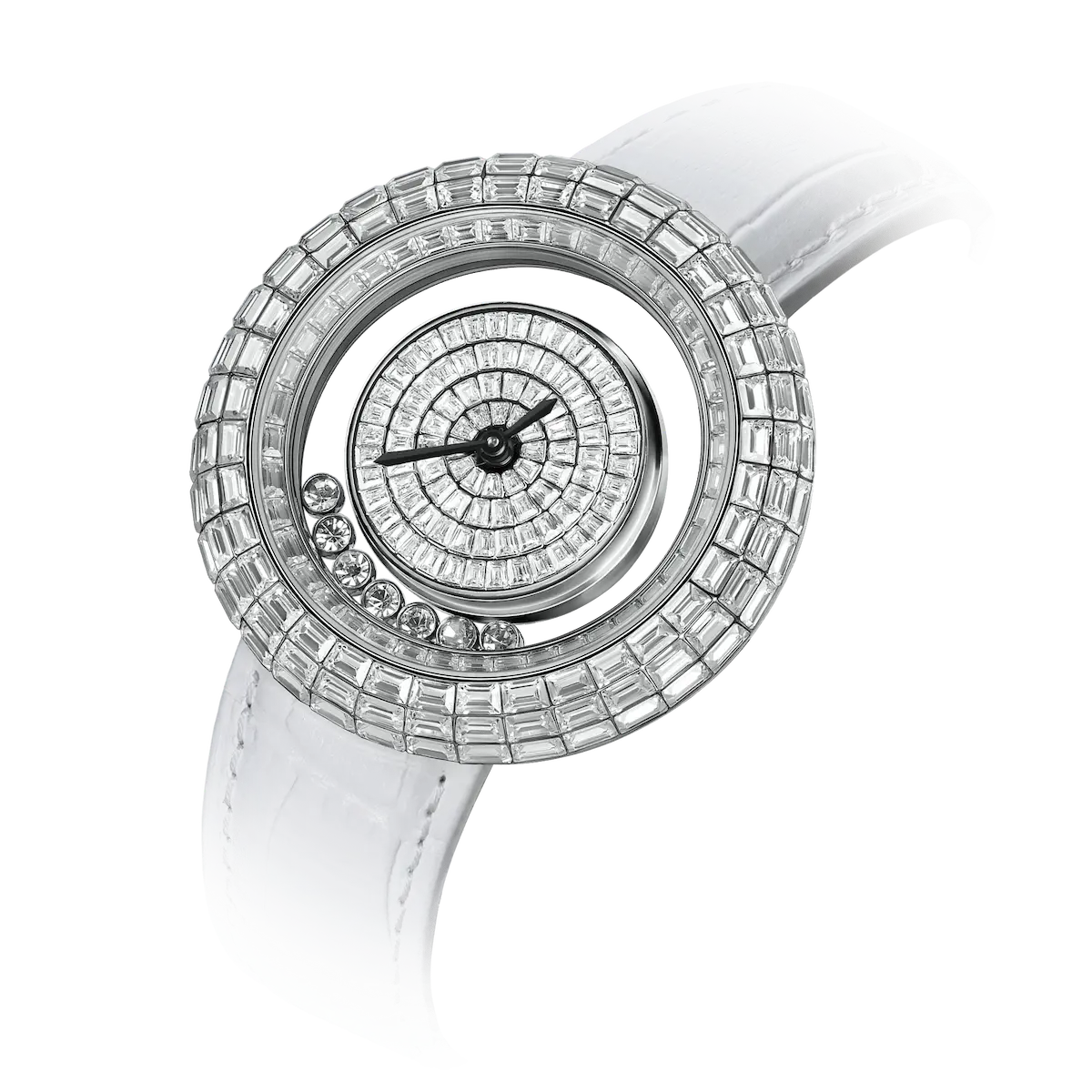 TSAR BOMBA Nucleus femme 01 women’s watch. The case is crafted from stainless steel, and the cubic zirconia dial features a symmetrical design of concentric rings and spiral-cut gemstone patterns that naturally draw the eye to the central hands. Dynamic Floating Crystals: The dial incorporates floating crystals that move with the sway of your wrist, adding a sense of dynamic movement and depth. Powered by a Swiss Ronda quartz movement. --Left three-quarter view
