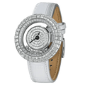 TSAR BOMBA Nucleus femme 01 women’s watch. The case is crafted from stainless steel, and the cubic zirconia dial features a symmetrical design of concentric rings and spiral-cut gemstone patterns that naturally draw the eye to the central hands. Dynamic Floating Crystals: The dial incorporates floating crystals that move with the sway of your wrist, adding a sense of dynamic movement and depth. Powered by a Swiss Ronda quartz movement. --Left three-quarter view