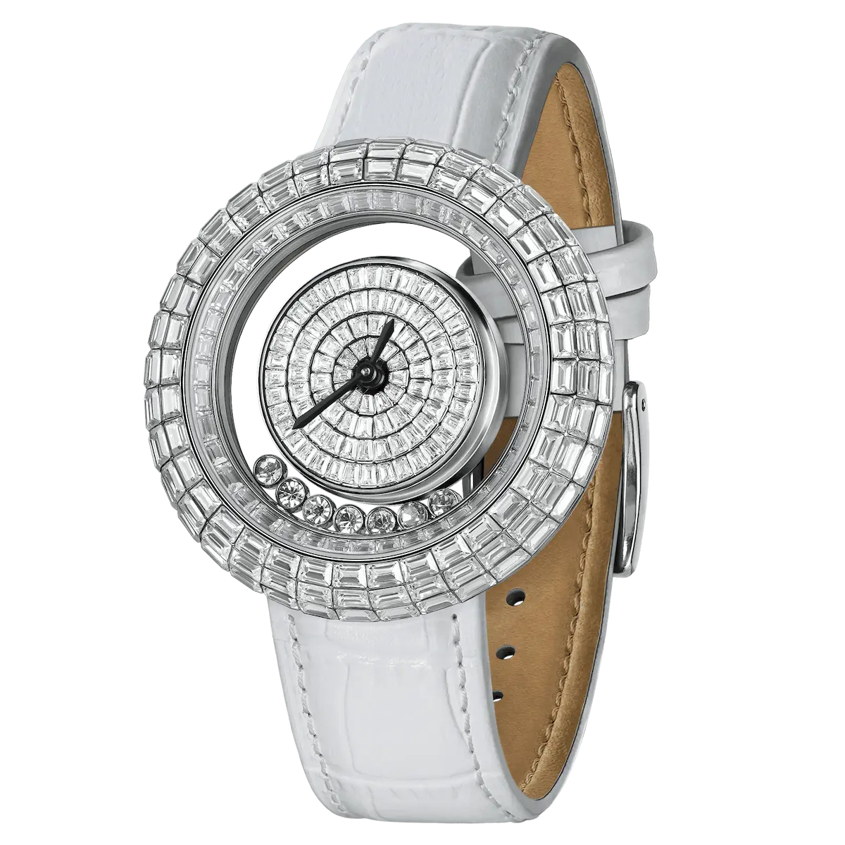TSAR BOMBA Nucleus femme 01 women’s watch. The case is crafted from stainless steel, and the cubic zirconia dial features a symmetrical design of concentric rings and spiral-cut gemstone patterns that naturally draw the eye to the central hands. Dynamic Floating Crystals: The dial incorporates floating crystals that move with the sway of your wrist, adding a sense of dynamic movement and depth. Powered by a Swiss Ronda quartz movement. --Left three-quarter view