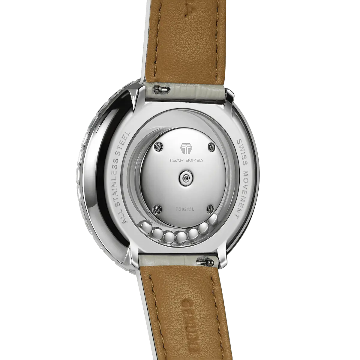 TSAR BOMBA Nucleus femme 01 women’s watch. The case is crafted from stainless steel, and the cubic zirconia dial features a symmetrical design of concentric rings and spiral-cut gemstone patterns that naturally draw the eye to the central hands. Dynamic Floating Crystals: The dial incorporates floating crystals that move with the sway of your wrist, adding a sense of dynamic movement and depth. Powered by a Swiss Ronda quartz movement.-Rear view