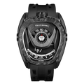 Front view of the TSAR BOMBA Reactor TB8213 Carbon Fiber Automatic Interchangeable Men's Watch. Features a black stainless steel case and carbon fiber bezel, powered by a Japanese automatic movement. Top dial: minutes; central dial: seconds. Bottom main display: hour hand = pointer reading + central window reading. The TB8213 utilizes the TSAR BOMBA interchangeable module system, allowing for quick and tool-free changes of the strap, bezel, and crown.
