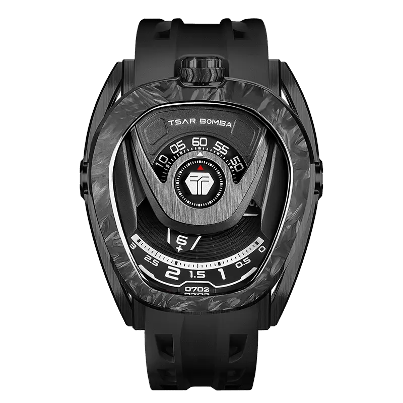 Front view of the TSAR BOMBA Reactor TB8213 Carbon Fiber Automatic Interchangeable Men's Watch. Features a black stainless steel case and carbon fiber bezel, powered by a Japanese automatic movement. Top dial: minutes; central dial: seconds. Bottom main display: hour hand = pointer reading + central window reading. The TB8213 utilizes the TSAR BOMBA interchangeable module system, allowing for quick and tool-free changes of the strap, bezel, and crown.