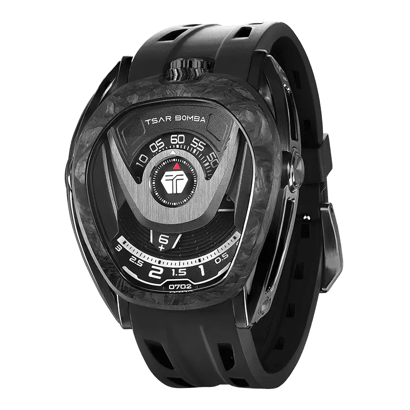 Side view of the TSAR BOMBA Reactor TB8213 Carbon Fiber Automatic Interchangeable Men's Watch. Features a black stainless steel case and carbon fiber bezel, powered by a Japanese automatic movement. Top dial: minutes; central dial: seconds. Bottom main display: hour hand = pointer reading + central window reading. The TB8213 utilizes the TSAR BOMBA interchangeable module system, allowing for quick and tool-free changes of the strap, bezel, and crown.