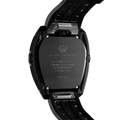 Rear view of the TSAR BOMBA Reactor TB8213 Carbon Fiber Automatic Interchangeable Men's Watch. Features a black stainless steel case and carbon fiber bezel, powered by a Japanese automatic movement. Top dial: minutes; central dial: seconds. Bottom main display: hour hand = pointer reading + central window reading. The TB8213 utilizes the TSAR BOMBA interchangeable module system, allowing for quick and tool-free changes of the strap, bezel, and crown.