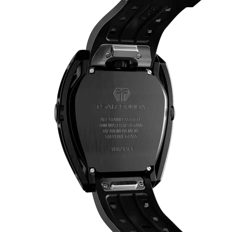 Rear view of the TSAR BOMBA Reactor TB8213 Carbon Fiber Automatic Interchangeable Men's Watch. Features a black stainless steel case and carbon fiber bezel, powered by a Japanese automatic movement. Top dial: minutes; central dial: seconds. Bottom main display: hour hand = pointer reading + central window reading. The TB8213 utilizes the TSAR BOMBA interchangeable module system, allowing for quick and tool-free changes of the strap, bezel, and crown.