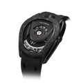 15° Left-Angled View TSAR BOMBA Reactor TB8213 Carbon Fiber Automatic Interchangeable Men's Watch. Features a black stainless steel case and carbon fiber bezel, powered by a Japanese automatic movement. Top dial: minutes; central dial: seconds. Bottom main display: hour hand = pointer reading + central window reading. The TB8213 utilizes the TSAR BOMBA interchangeable module system, allowing for quick and tool-free changes of the strap, bezel, and crown.