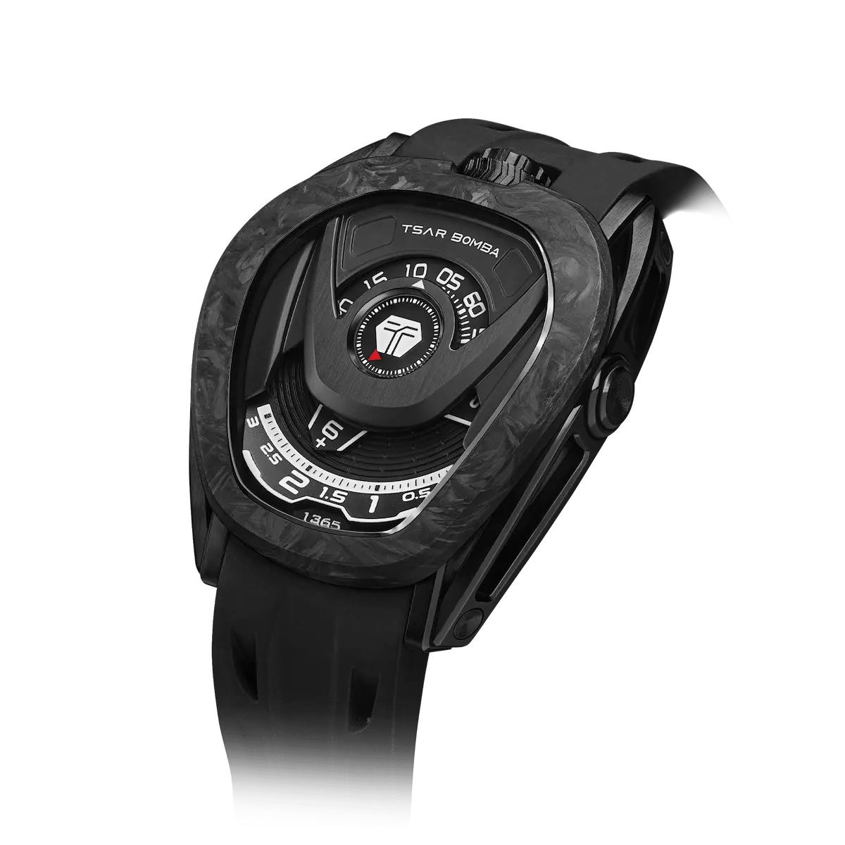 15° Left-Angled View TSAR BOMBA Reactor TB8213 Carbon Fiber Automatic Interchangeable Men's Watch. Features a black stainless steel case and carbon fiber bezel, powered by a Japanese automatic movement. Top dial: minutes; central dial: seconds. Bottom main display: hour hand = pointer reading + central window reading. The TB8213 utilizes the TSAR BOMBA interchangeable module system, allowing for quick and tool-free changes of the strap, bezel, and crown.
