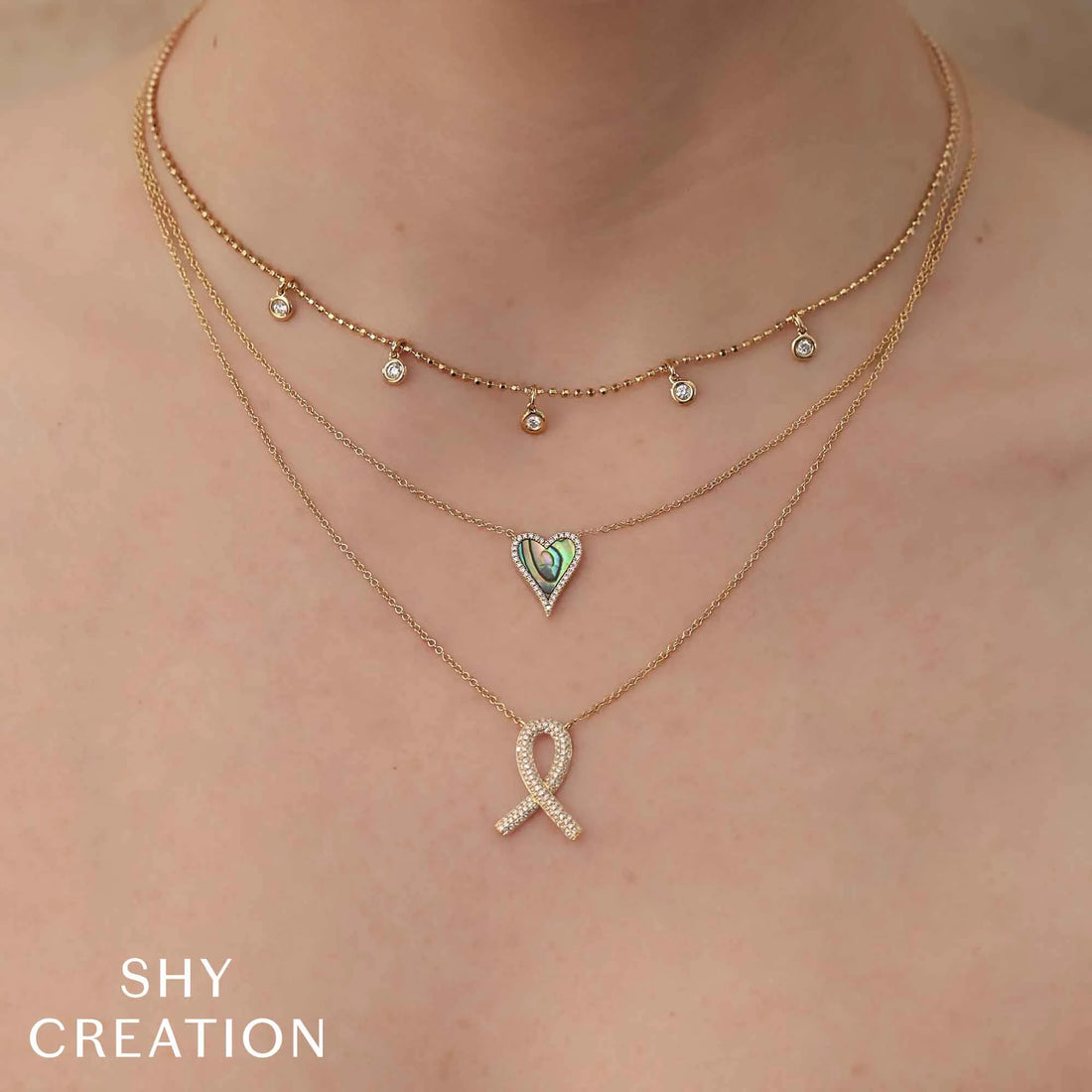 0.09CT DIAMOND & 0.85CT ABALONE SHELL 14K Y/G HEART NECKLACE