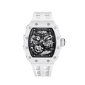 Front view of the TSAR BOMBA Elemental TB8208C men’s White Black tonneau watch with a stainless steel case and white ceramic bezel and black skeleton dial and white strap.
