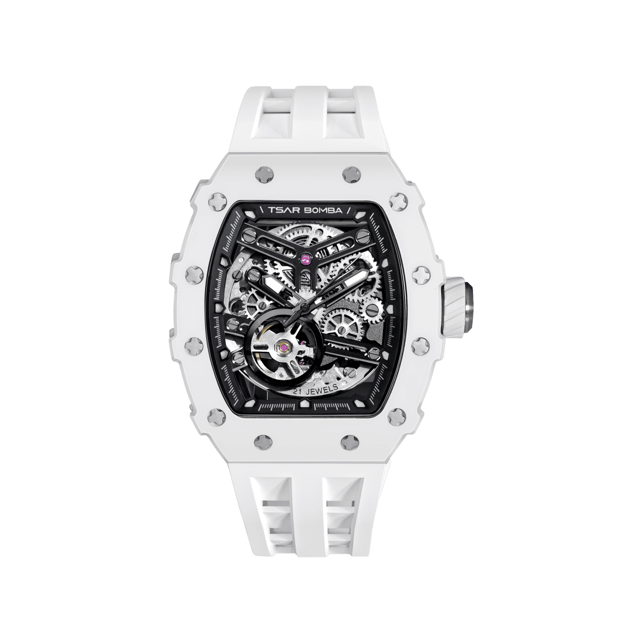 Front view of the TSAR BOMBA Elemental TB8208C men’s White Black tonneau watch with a stainless steel case and white ceramic bezel and black skeleton dial and white strap.
