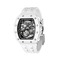 Side view of the TSAR BOMBA Elemental TB8208C men’s White Black tonneau watch with a stainless steel case and white ceramic bezel and black skeleton dial and white strap.