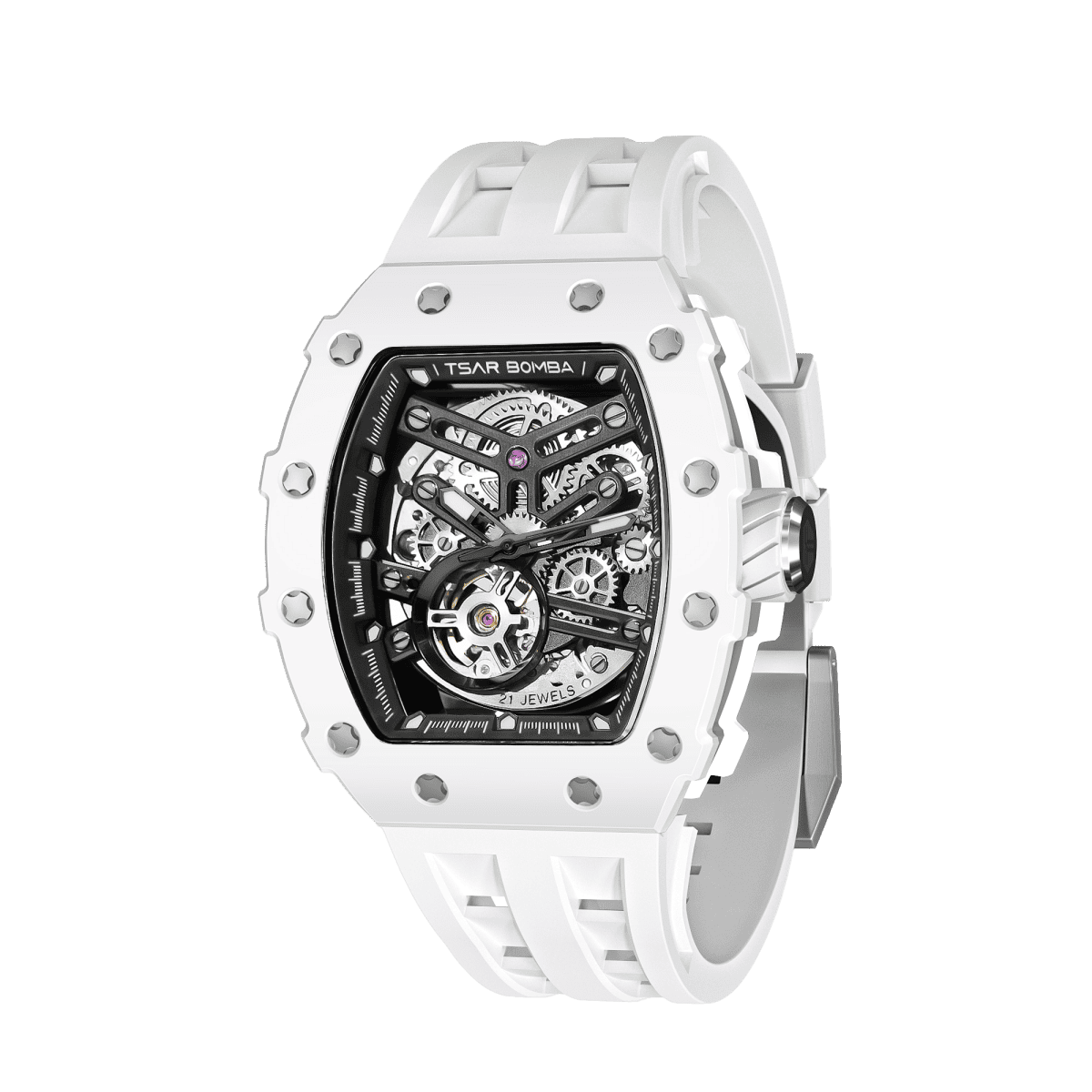 Side view of the TSAR BOMBA Elemental TB8208C men’s White Black tonneau watch with a stainless steel case and white ceramic bezel and black skeleton dial and white strap.