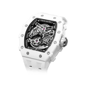15° Left-Angled View TSAR BOMBA Elemental TB8208C men’s White Black tonneau watch with a stainless steel case and white ceramic bezel and black skeleton dial and white strap.