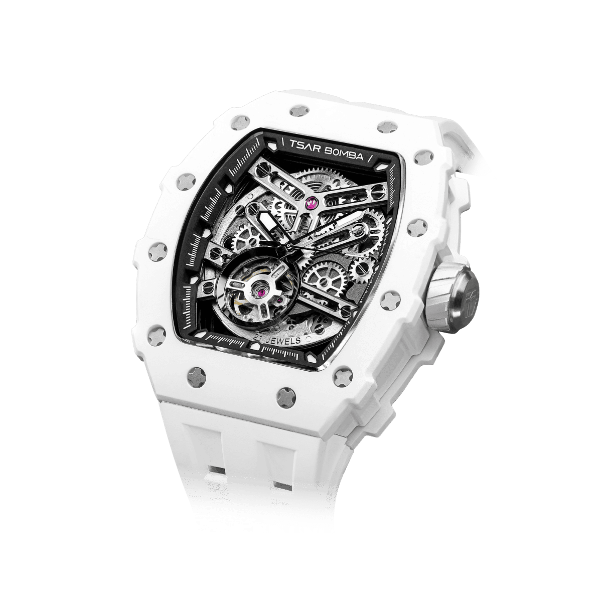 15° Left-Angled View TSAR BOMBA Elemental TB8208C men’s White Black tonneau watch with a stainless steel case and white ceramic bezel and black skeleton dial and white strap.