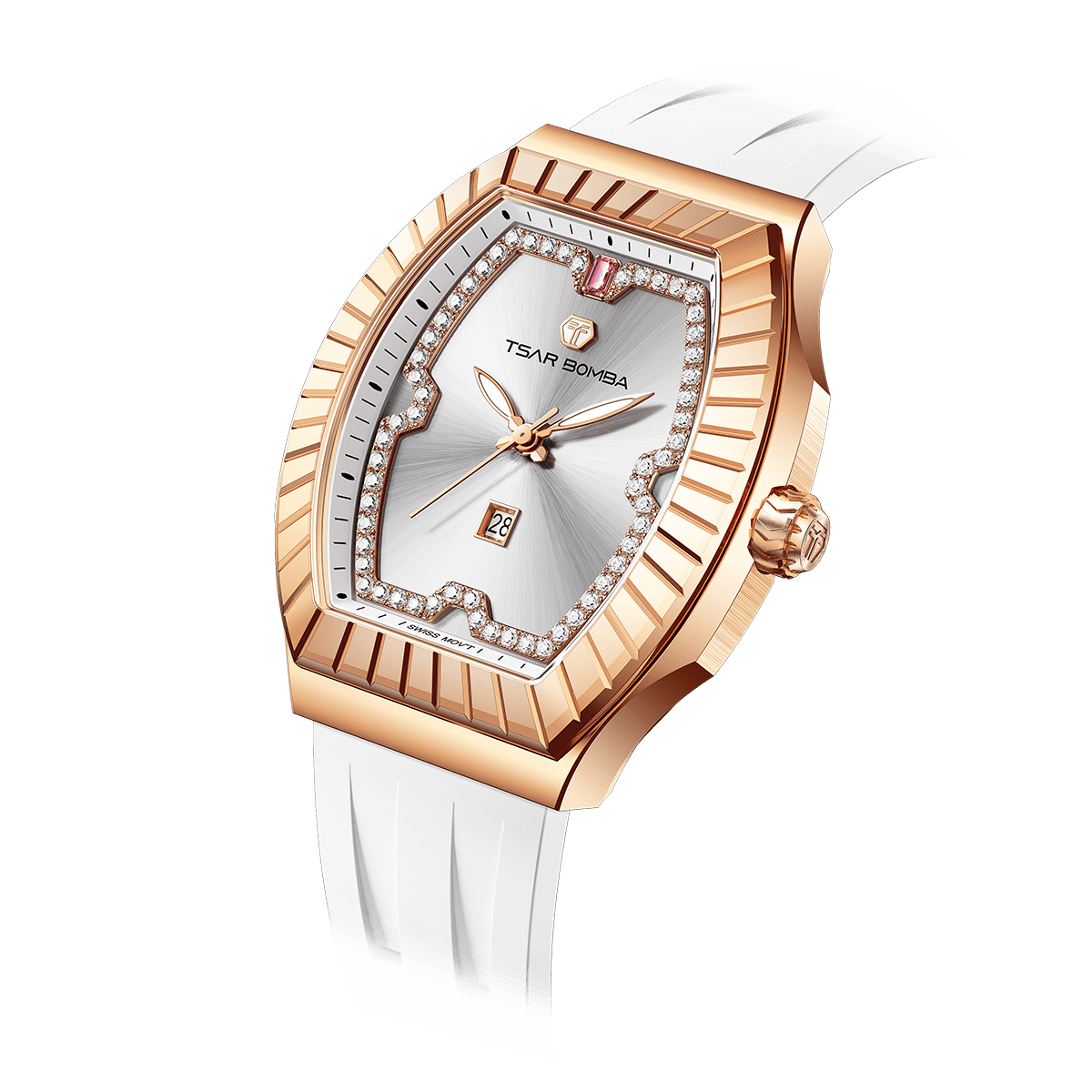 The TSARBOMBA luxury women’s watch Nucleus Femme 03-TB8231 is a trendy timepiece for women, equipped with a Swiss Ronda quartz movement that ensures stable timekeeping and requires minimal maintenance, a 316L stainless steel bezel and case, and a dial featuring zirconia (diamonds) arranged in a butterfly shape, green strap, white strap.