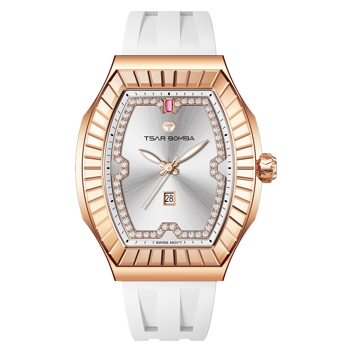 The TSARBOMBA luxury women’s watch Nucleus Femme 03-TB8231 is a trendy timepiece for women, equipped with a Swiss Ronda quartz movement that ensures stable timekeeping and requires minimal maintenance, a 316L stainless steel bezel and case, and a dial featuring zirconia (diamonds) arranged in a butterfly shape, green strap, white strap.--front view