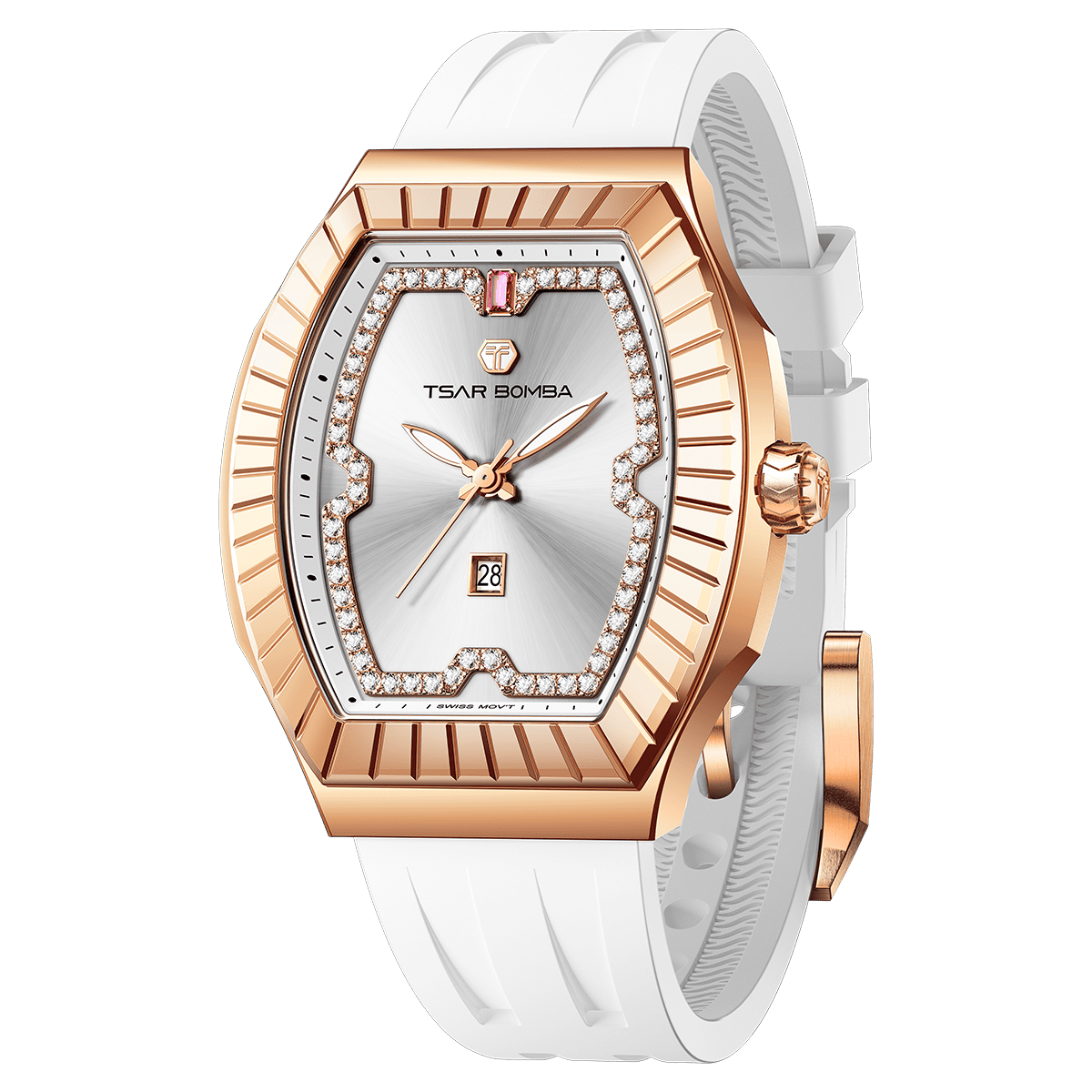 The TSARBOMBA luxury women’s watch Nucleus Femme 03-TB8231 is a trendy timepiece for women, equipped with a Swiss Ronda quartz movement that ensures stable timekeeping and requires minimal maintenance, a 316L stainless steel bezel and case, and a dial featuring zirconia (diamonds) arranged in a butterfly shape,green strap, white strap.--45° side view