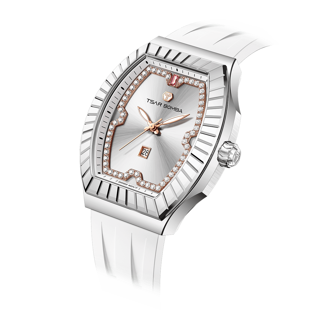 The TSARBOMBA luxury women’s watch Nucleus Femme 03-TB8231 is a trendy timepiece for women, equipped with a Swiss Ronda quartz movement that ensures stable timekeeping and requires minimal maintenance, a 316L stainless steel silver bezel and case, and a dial featuring zirconia (diamonds) arranged in a butterfly shape,green strap, white strap.