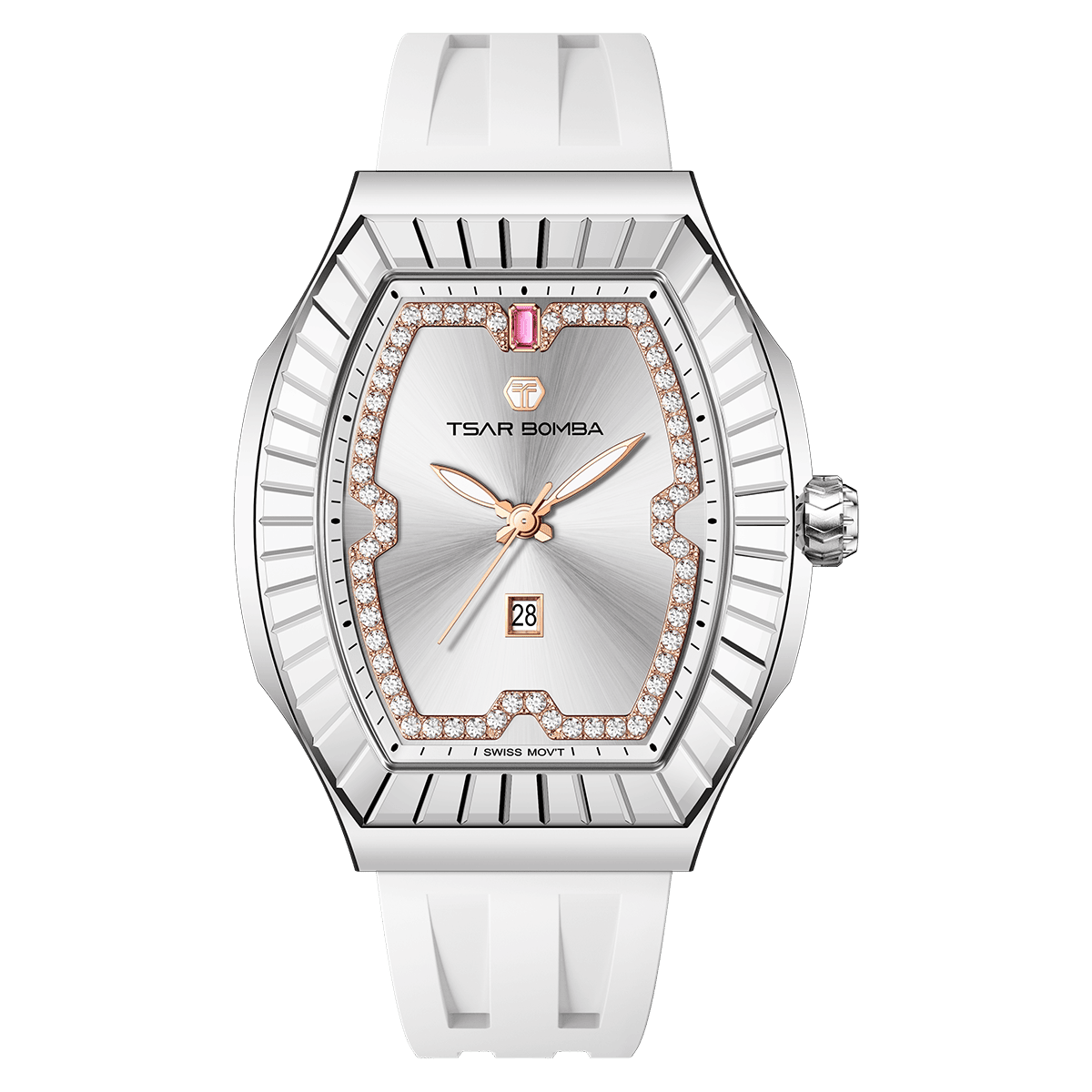 The TSARBOMBA luxury women’s watch Nucleus Femme 03-TB8231 is a trendy timepiece for women, equipped with a Swiss Ronda quartz movement that ensures stable timekeeping and requires minimal maintenance, a 316L stainless steel silver bezel and case, and a dial featuring zirconia (diamonds) arranged in a butterfly shape, green strap, white strap.--front view