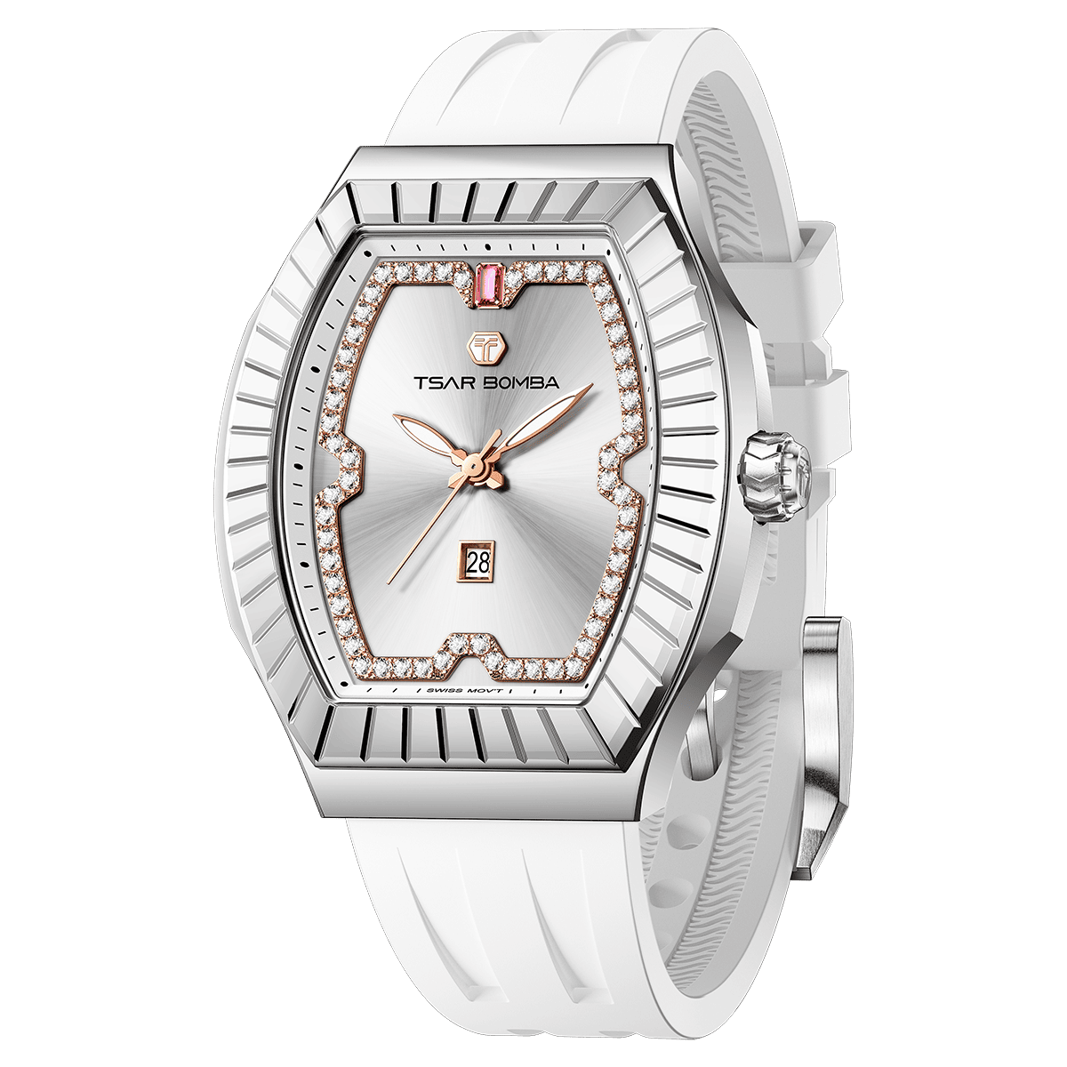 The TSARBOMBA luxury women’s watch Nucleus Femme 03-TB8231 is a trendy timepiece for women, equipped with a Swiss Ronda quartz movement that ensures stable timekeeping and requires minimal maintenance, a 316L stainless steel silver bezel and case, and a dial featuring zirconia (diamonds) arranged in a butterfly shape, green strap, white strap.--45° side view
