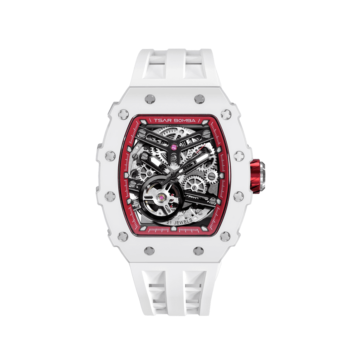 tsarbomba watches TB8208C;white red ceramic bezel and black 316L stainless steel case and blue strap;miyota automatic movement;ceramic watches-front view