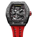 tsarbomba watches TB8228CF； carber fiber bezel and black case and silicone red strap.automatic movement and skeletonized dial and visible movement design--top view