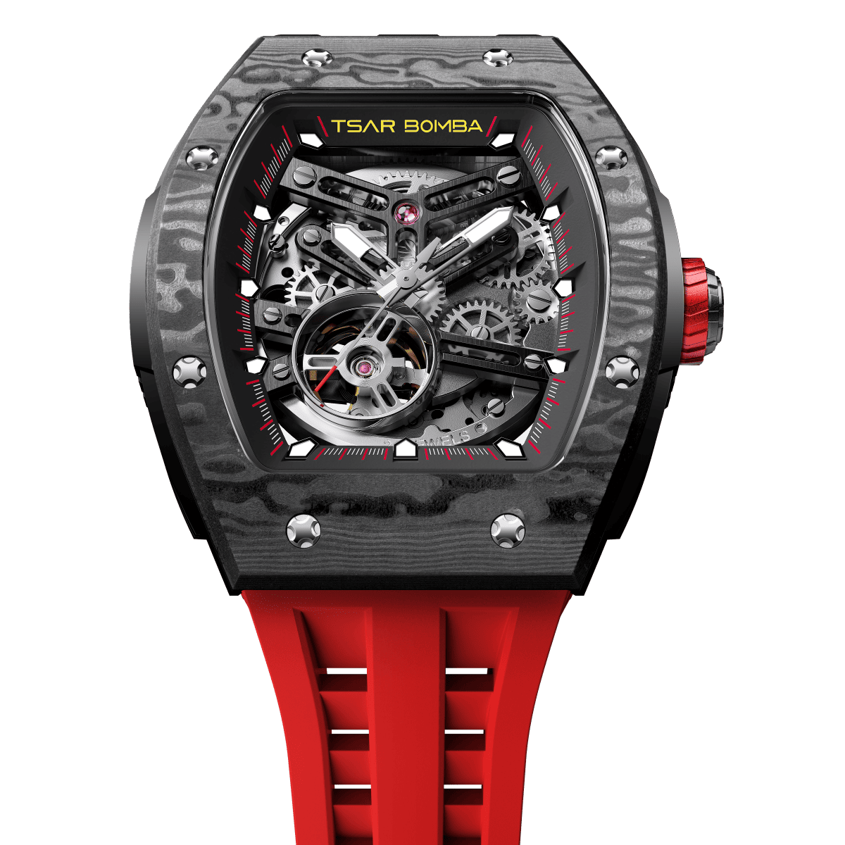 tsarbomba watches TB8228CF； carber fiber bezel and black case and silicone red strap.automatic movement and skeletonized dial and visible movement design--top view