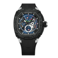 Powered by a Seiko Epson movement, A power reserve indicator is positioned at 12 o'clock; the stable movement delivers a power reserve of 50 hours (±10%). A 24-hour display dial is located at 6 o'clock, while a visible tourbillon is featured at 9 o'clock. The Dark Matter 2 features Grade A luminescent coating, scratch-resistant sapphire crystal, and a interchangeable fluororubber strap. Water-resistant to 100 meters (10 ATM).-carbon fiber bezel and titanium case -black-Front view